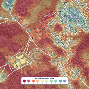 Community and building wildfire exposure index map around Mount Nelson with a compact ten-class legend